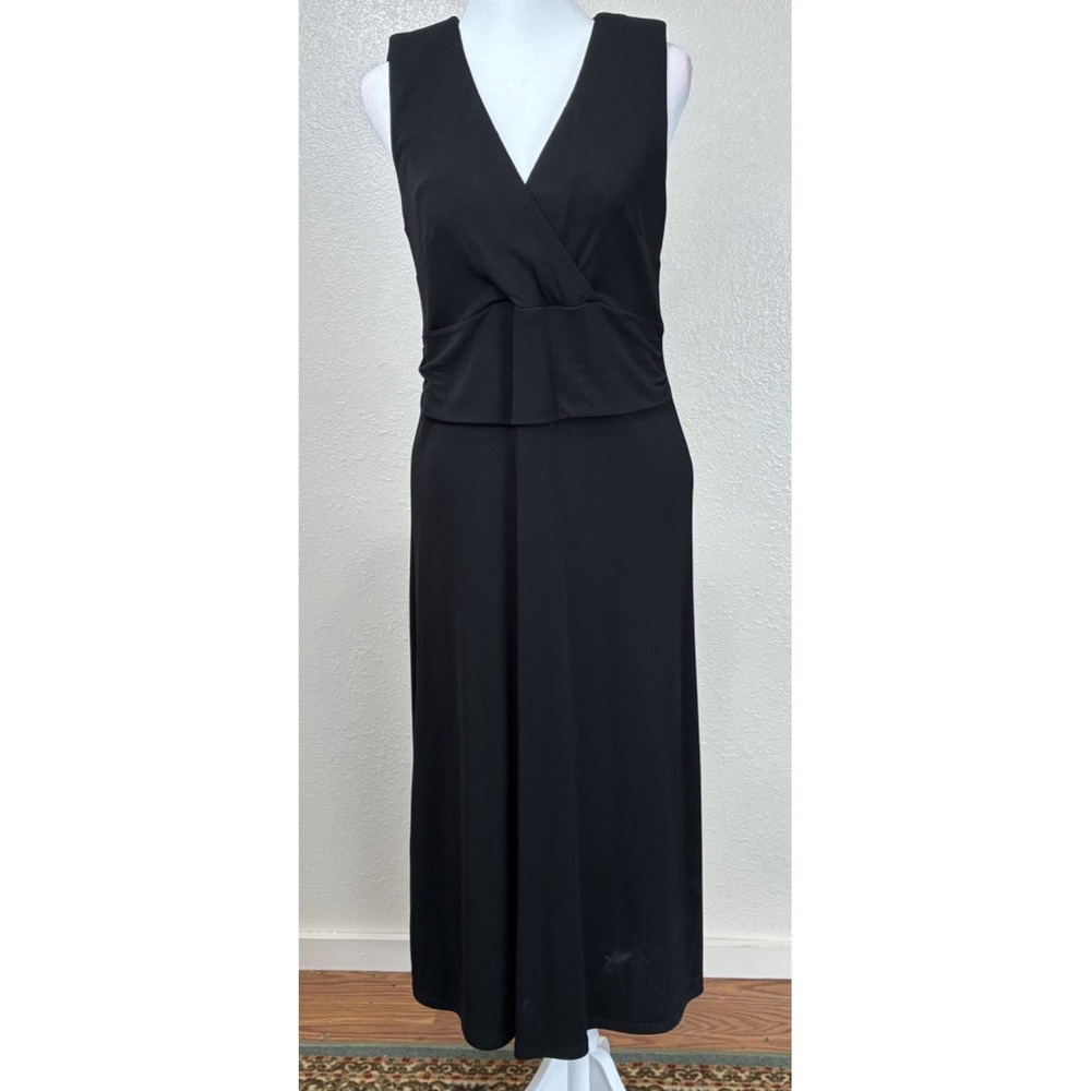 Rabbit Rabbit Rabbit Design Black Dress Faux Wrap Midi V Neck Retro-Luxe Size 10